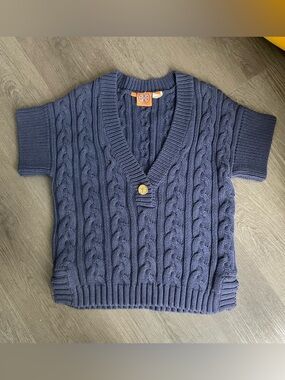 Tory Burch Navy Cable-Knit V-Neck Short-Sleeve Sweater with Button